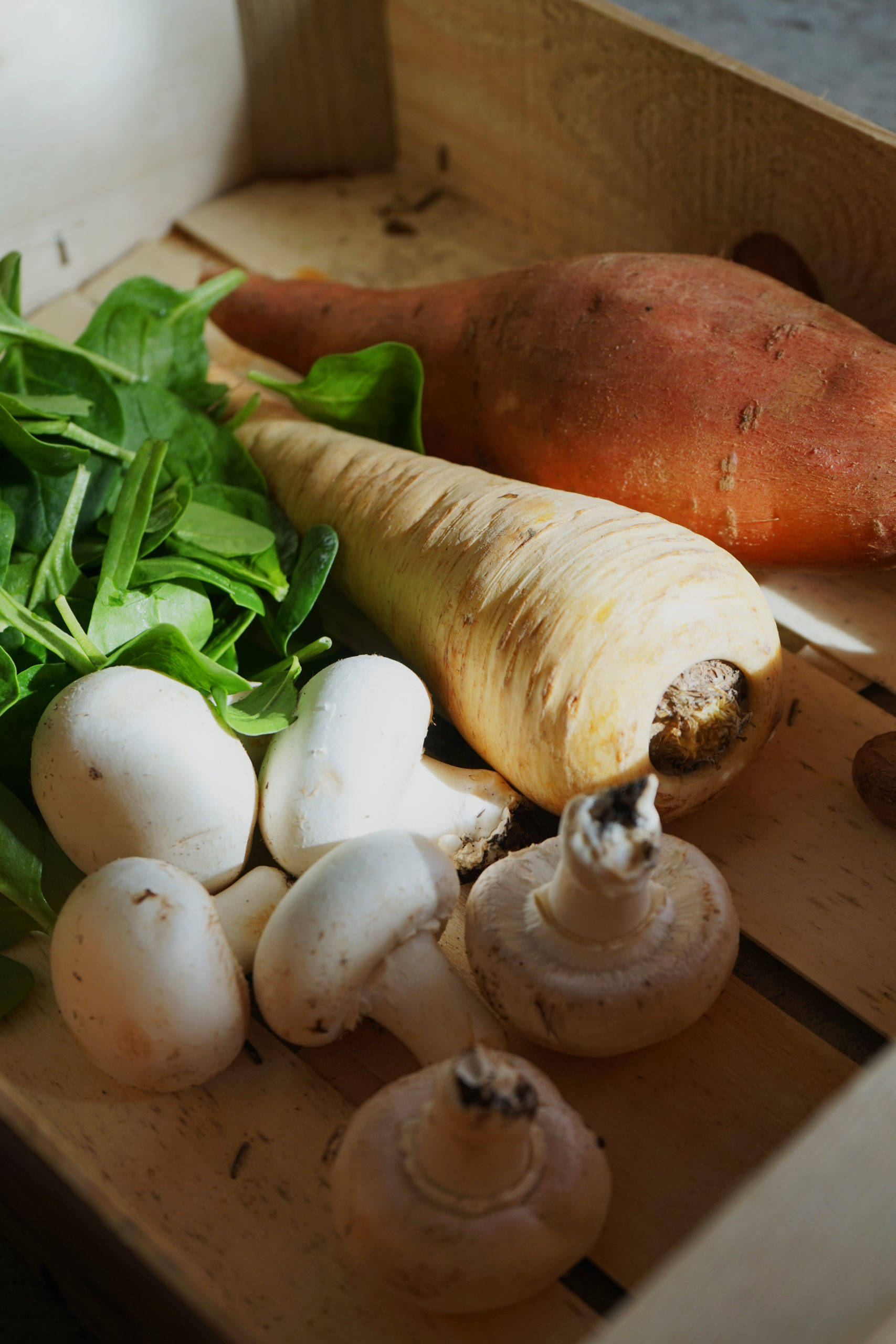 Purée de Panais, Patate douce et poêlée de Champignons, Épinards